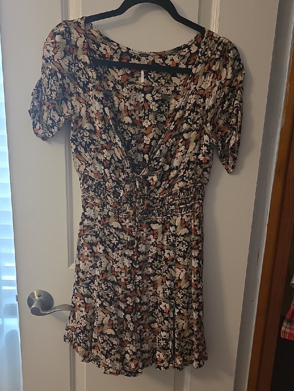 Free People Black Floral V-Neck Smocked Mini Dress with Cream and Rust Accents